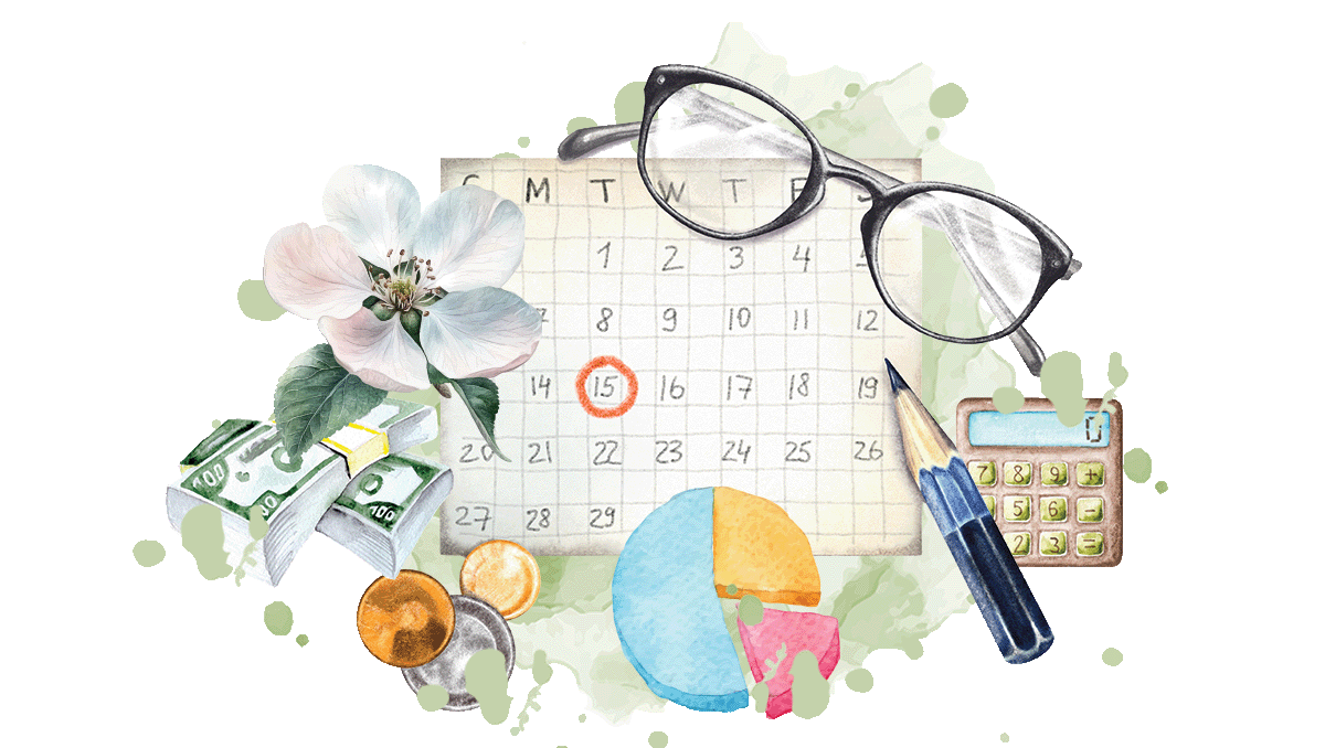 apple flower with calendar and money items
